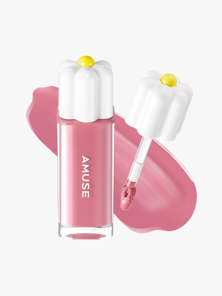 Amuse Seoul Daisy Flower Dew Tint lip tint with flower cap on light gray background